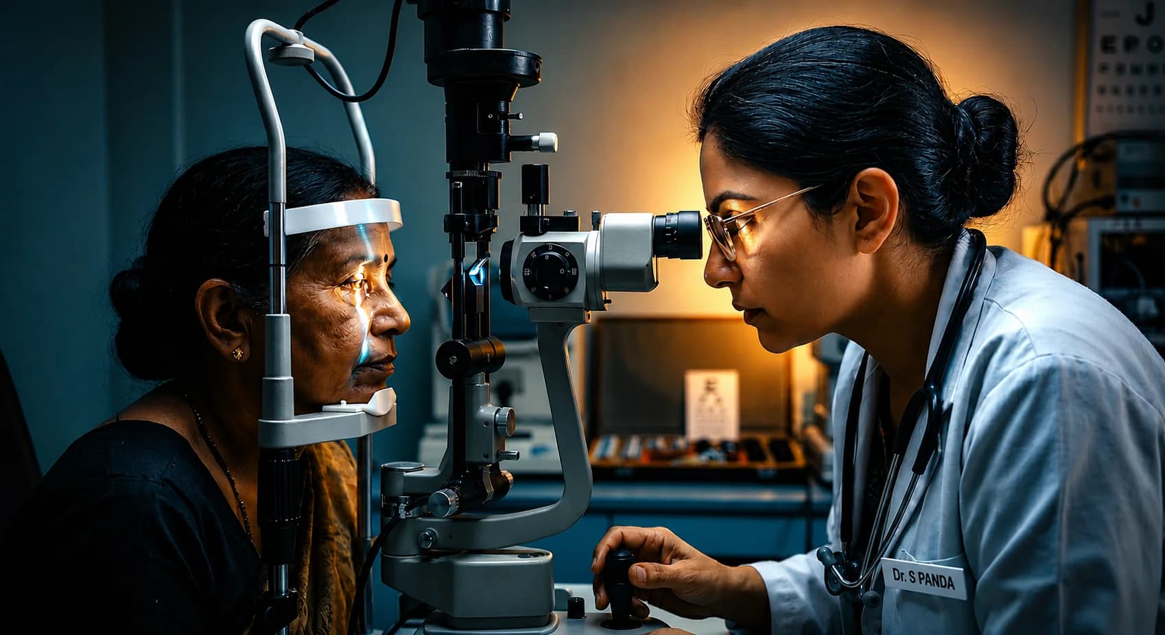 Dr. Sonali Panda at the slit lamp examining a patient